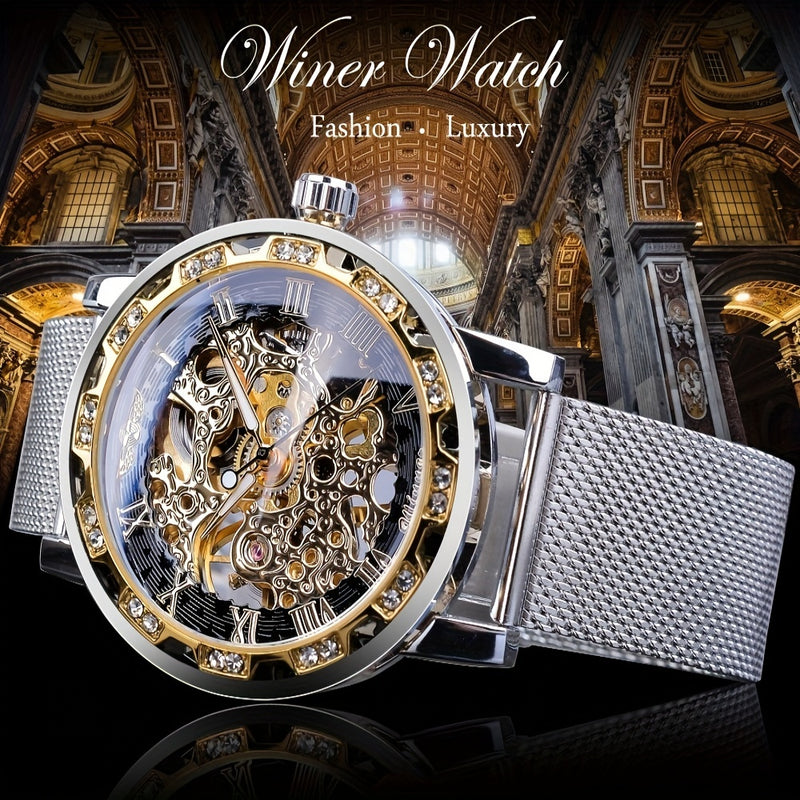 Relógio Mecânico Masculino com Strass, Pulseira de Malha Metálica (Winner)