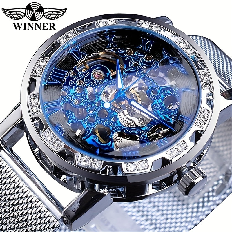 Relógio Mecânico Masculino com Strass, Pulseira de Malha Metálica (Winner)