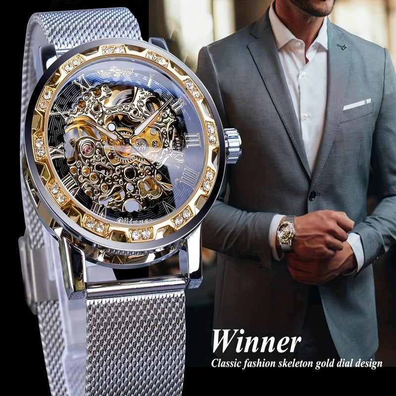 Relógio Mecânico Masculino com Strass, Pulseira de Malha Metálica (Winner)