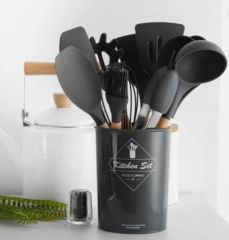 Jogo Kit C/12 Peças Utensílios De Cozinha em Silicone com Cabo de Madeira, Livre de BPA