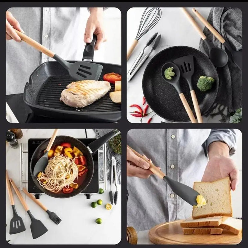 Jogo Kit C/12 Peças Utensílios De Cozinha em Silicone com Cabo de Madeira, Livre de BPA