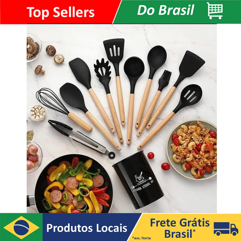 Jogo Kit C/12 Peças Utensílios De Cozinha em Silicone com Cabo de Madeira, Livre de BPA